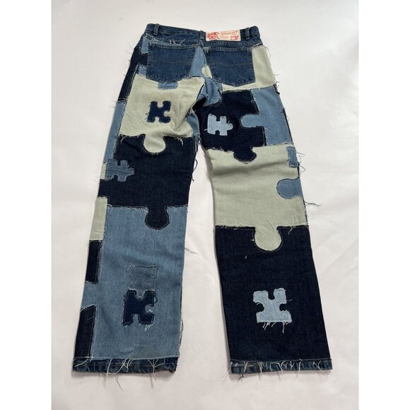 Rough Cut Jigsaw Puzzle Patchwork Jeans in Blue Patchwork Denims - Picture 2 of 3